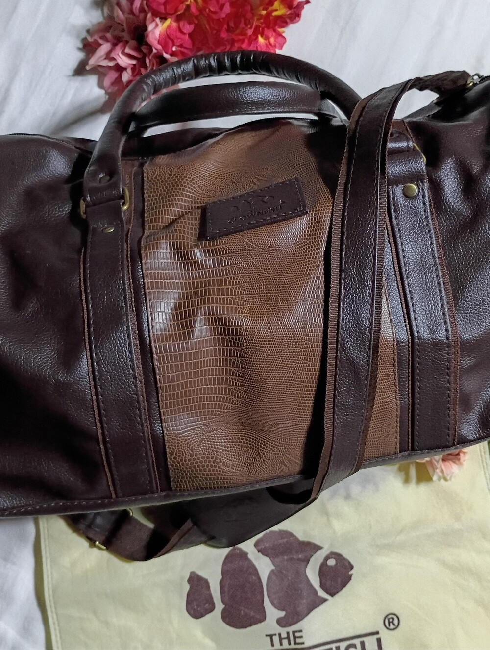 Mens Dark Brown Textured Leather Duffel Bag with Shoulder Strap